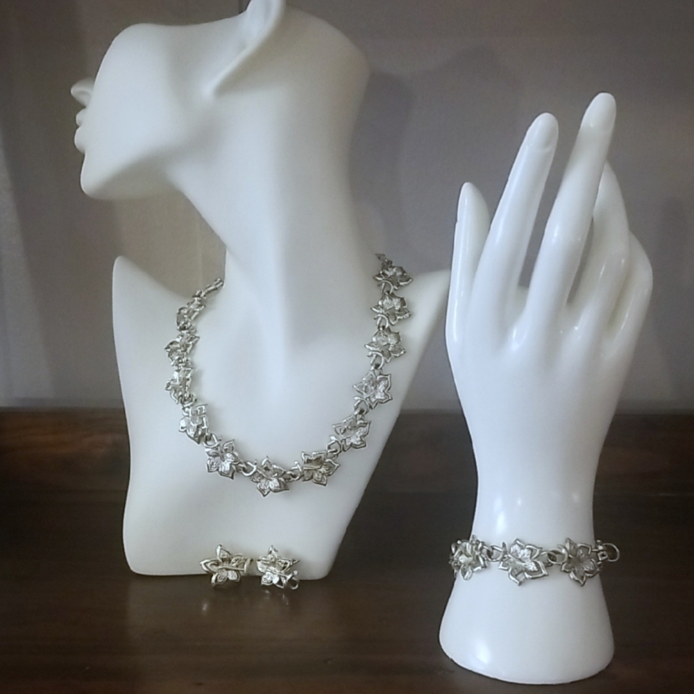 Vintage 1950's Signed Coro Silver Floral Necklace Set